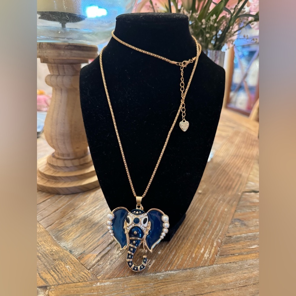 Betsey Johnson Gold and Blue Elephant Pendant Necklace